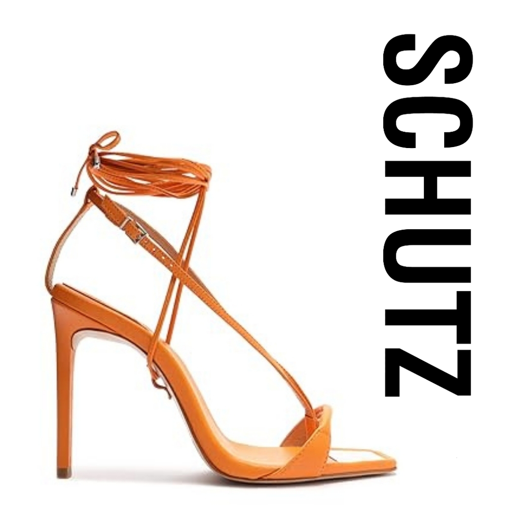 SCHUTZ Vikki Size 5 Tangerine Ankle Strap Lace Up Open Toe Stiletto Heel